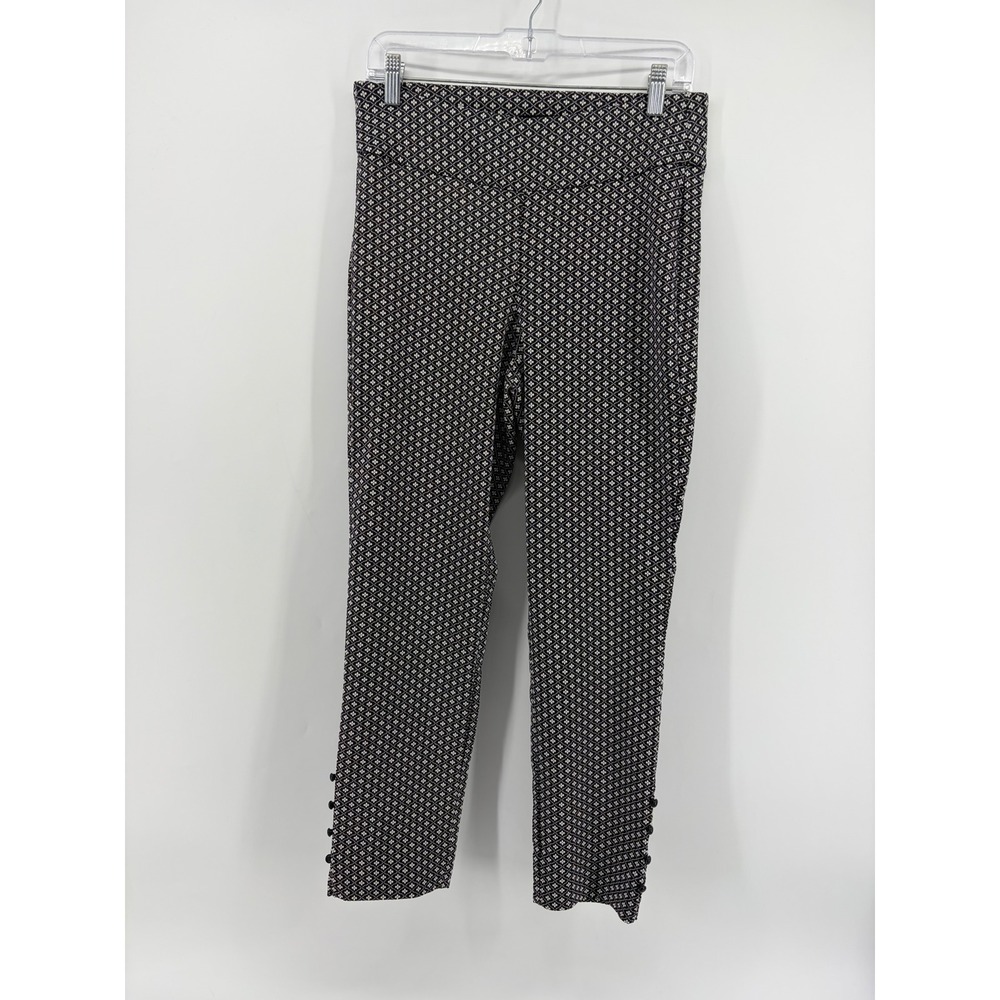 Roz & Ali Womens 10 Black White Geometric Ankle Pants Button Hem Pull On Stretch